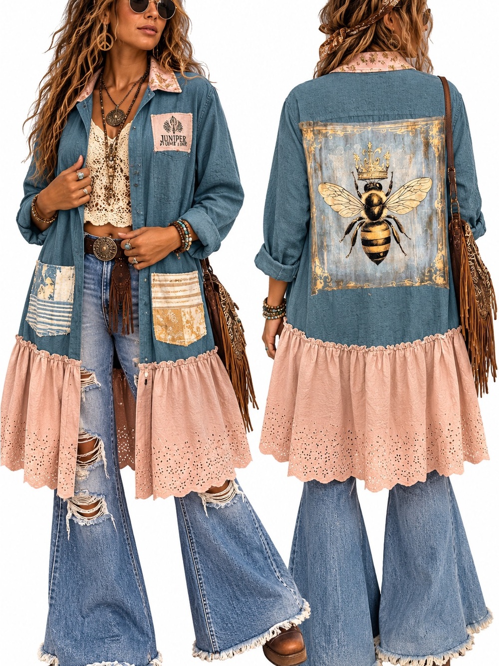 Boho Denim & Blush Ruffle Bee Upcycle Patch Tunic Jacket -Ptp 23 M/L